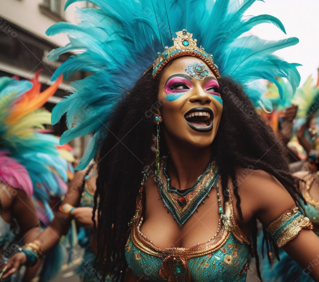 Bailarina de Carnaval com penas azuis e maquiagem vibrante