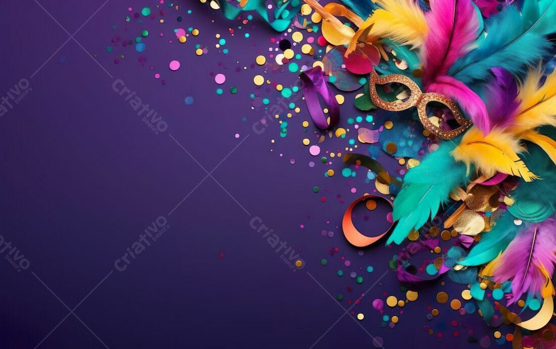 Máscara Carnaval penas coloridas confete