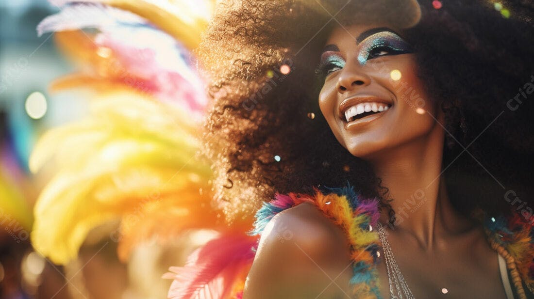 Mulher negra feliz em carnaval com plumas