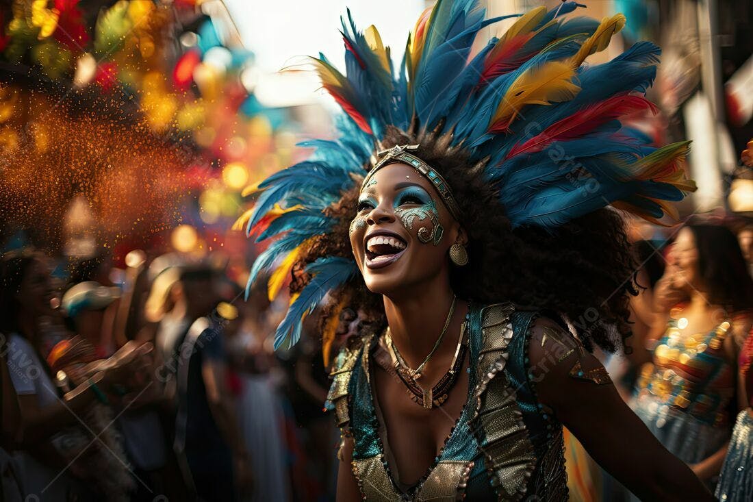 Mulher negra em carnaval com penas azuis