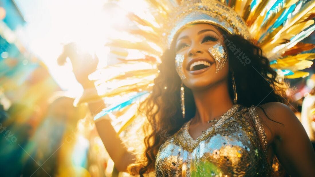 Mulher negra em carnaval com fantasia dourada