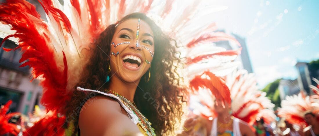 Bailarina de Carnaval sorrindo com penas vermelhas