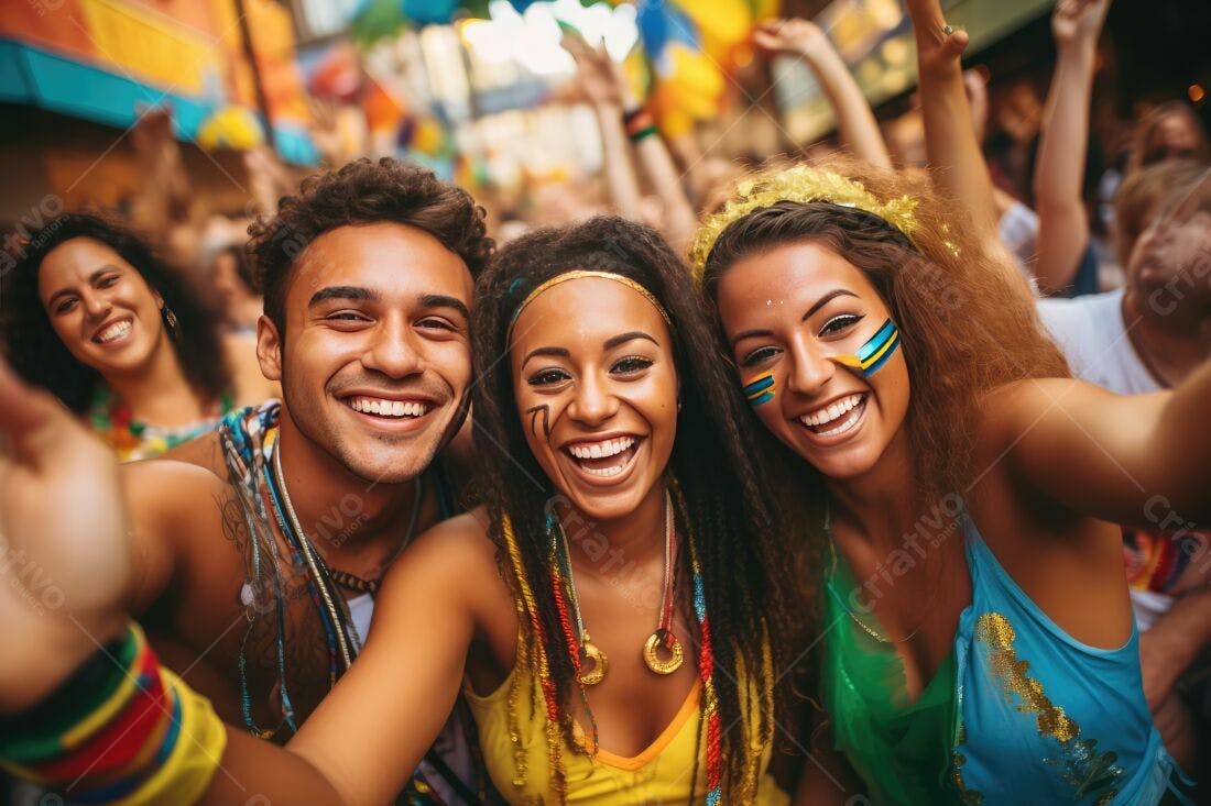 Três amigos em festival de cores vibrantes