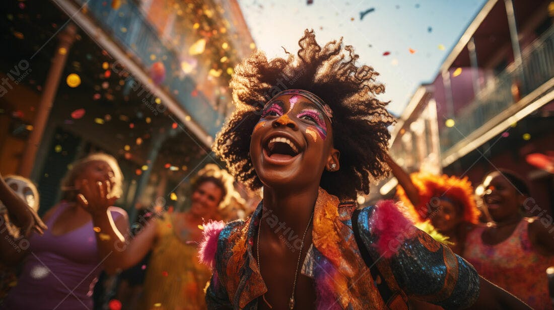 Mulher negra em festa com confetes