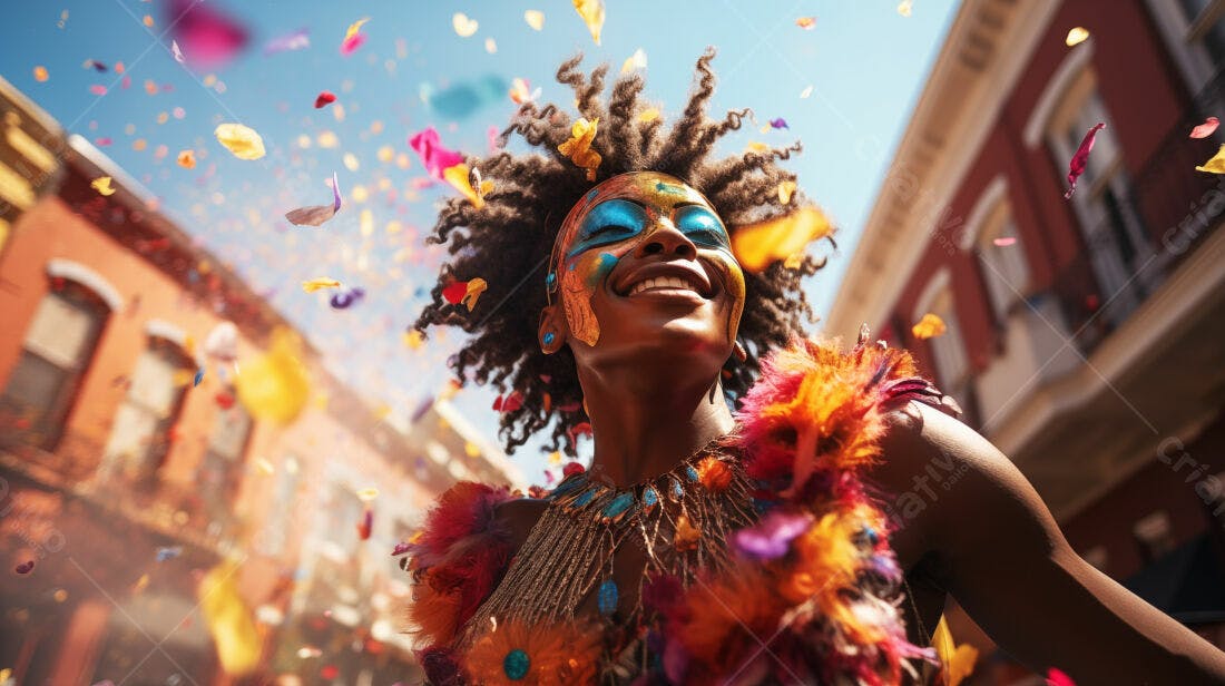 Mulher negra em carnaval com confetes