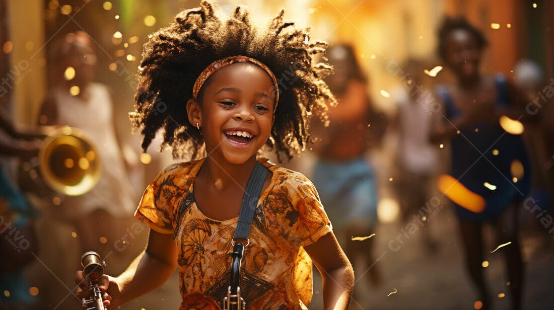 Menina negra alegre tocando saxofone em desfile