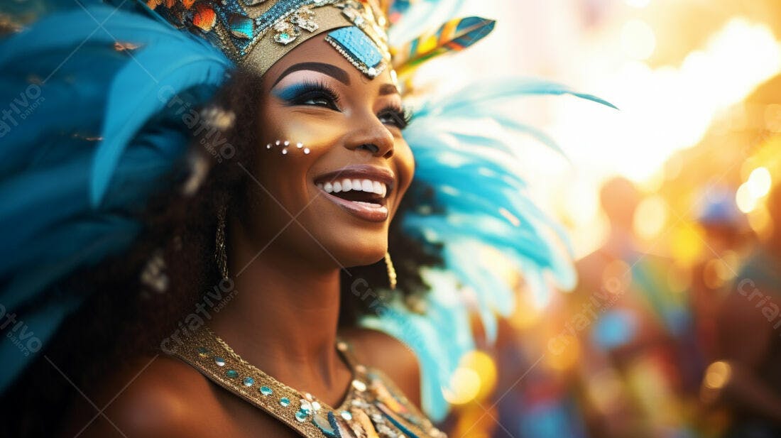 Bailarina de Carnaval sorrindo no desfile