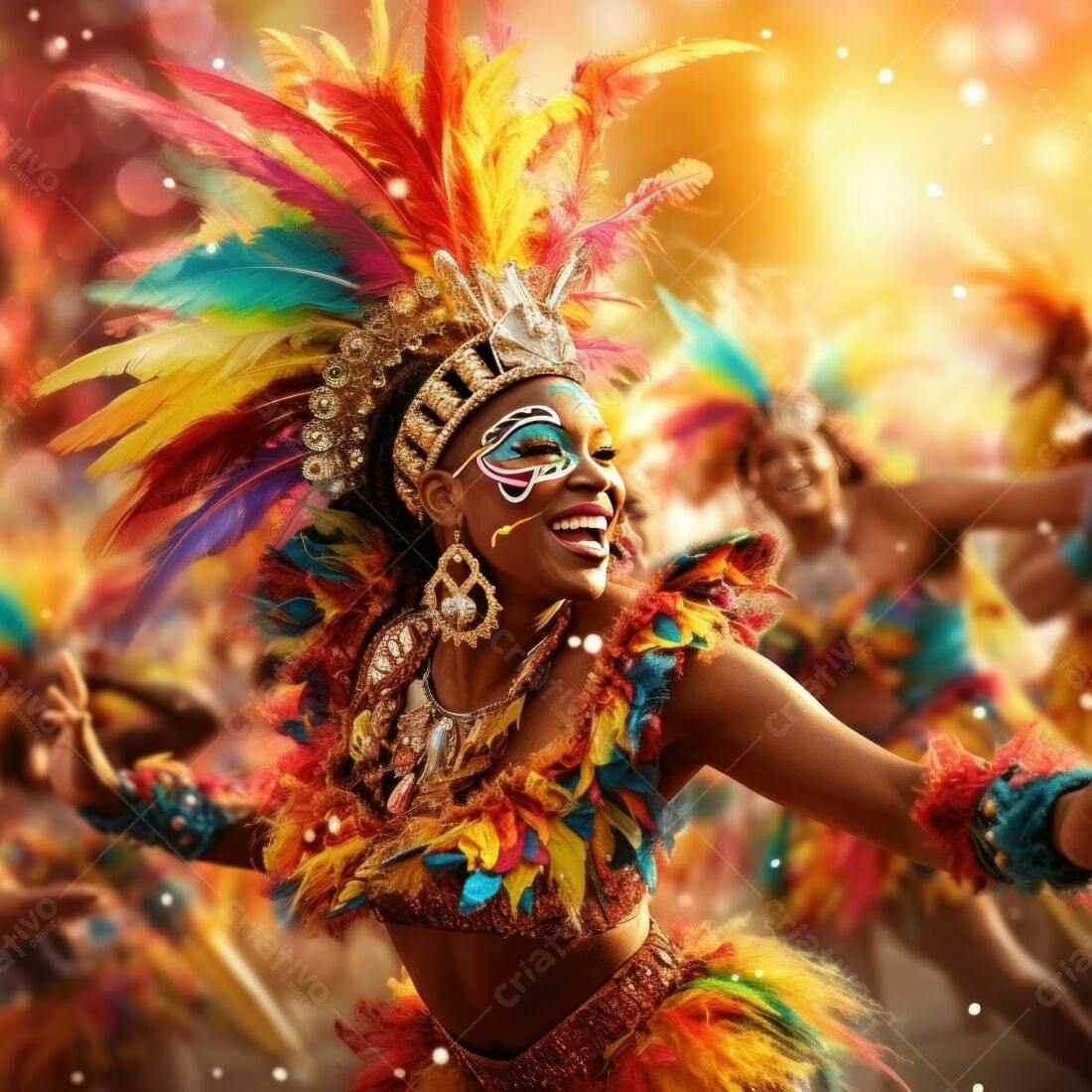 Bailarina negra em Carnaval com fantasia vibrante