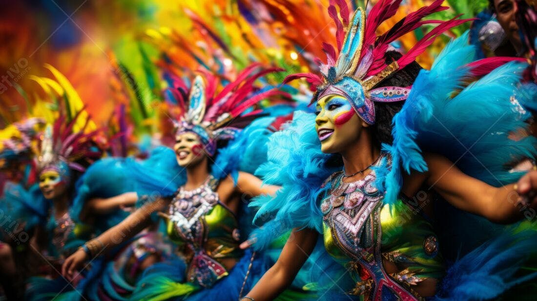 Passistas de Carnaval em trajes vibrantes