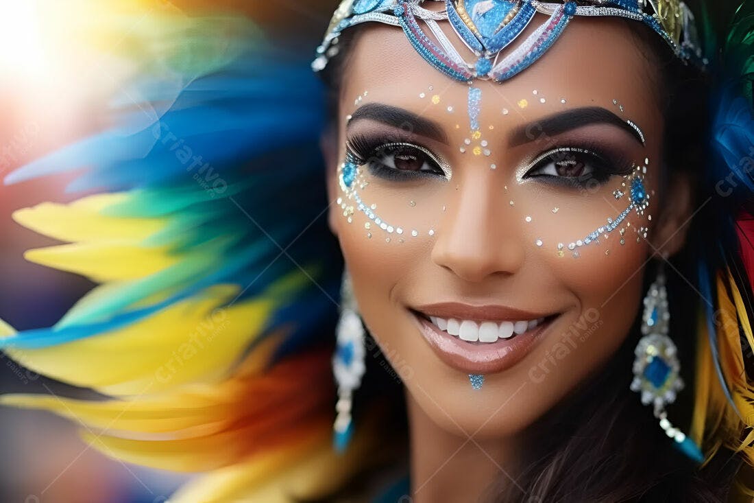 Mulher sorrindo com maquiagem vibrante em carnaval