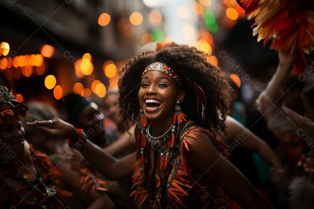 Mulher negra alegre em festa com penas