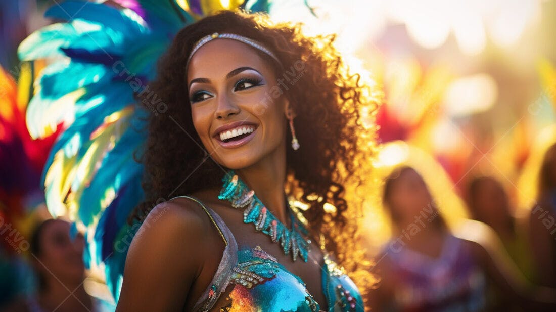 Mulher negra alegre em desfile de carnaval