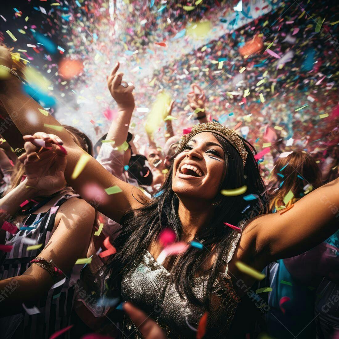 Mulher negra feliz em festival com confete