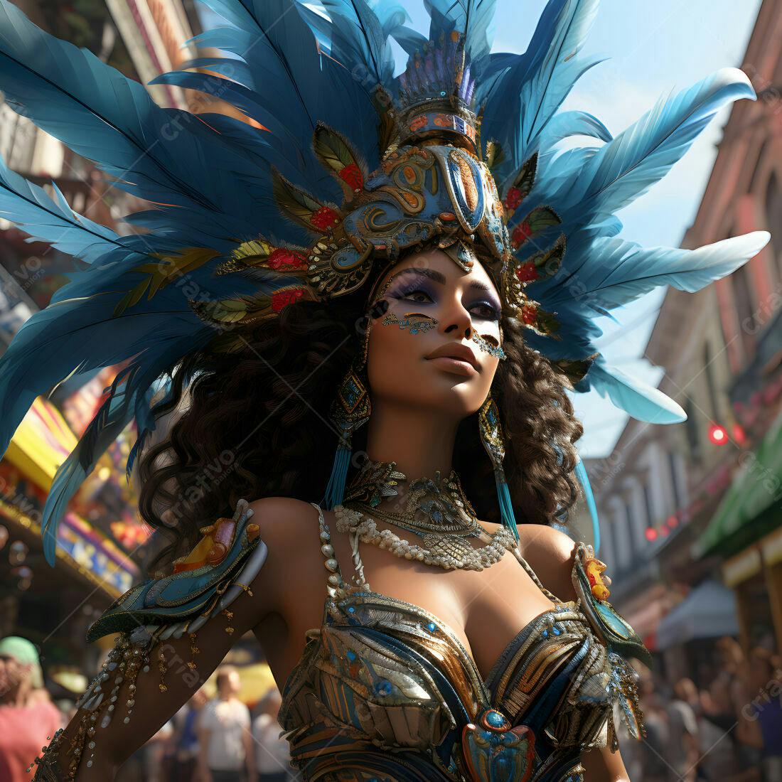 Modelo com fantasia azul e dourada em desfile