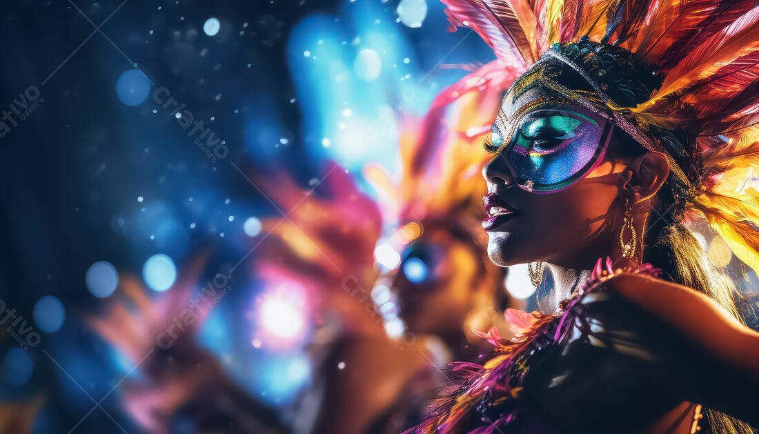 Mulher com máscara em Carnaval vibrante