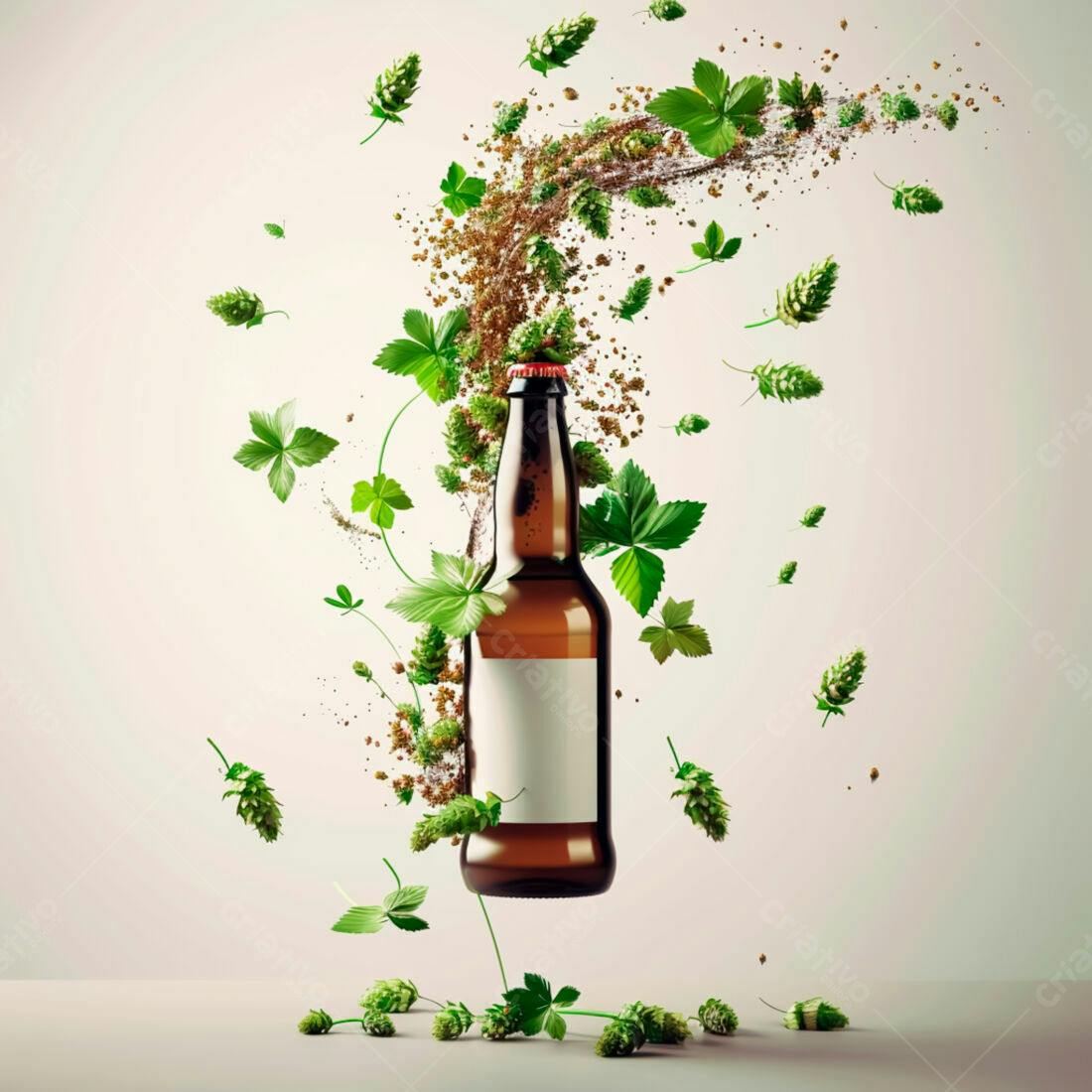 Garrafa de cerveja com lúpulo em suspensão