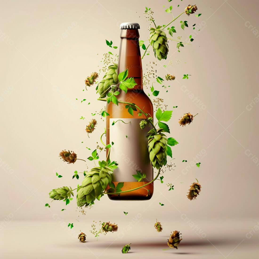 Garrafa de cerveja com lúpulo verde