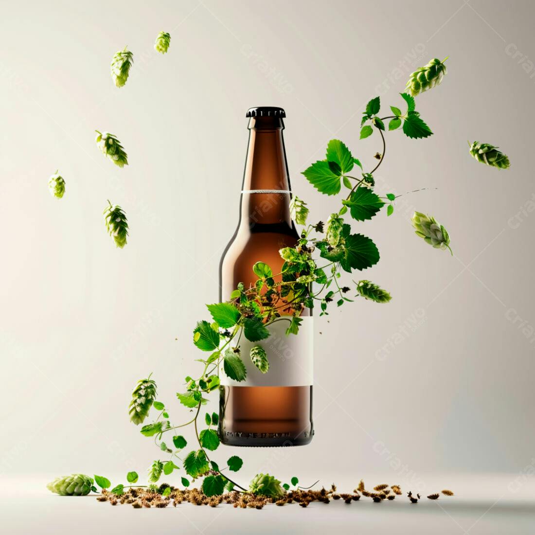 Garrafa de cerveja artesanal com lúpulo