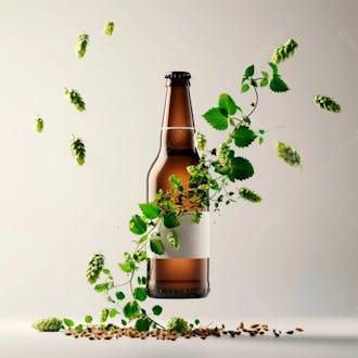 Uma garrafa de cerveja com rótulo branco e vinhas de lúpulo envolvem a garrafa suspensa 6