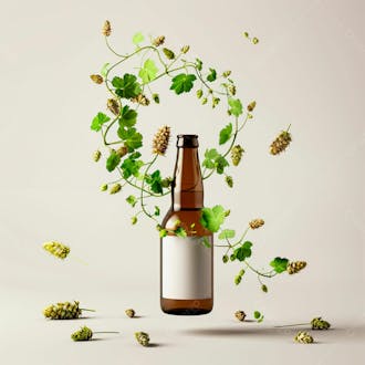 Uma garrafa de cerveja com rótulo branco e vinhas de lúpulo envolvem a garrafa suspensa 7