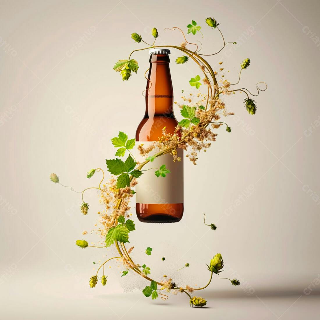Garrafa de cerveja artesanal com lúpulo