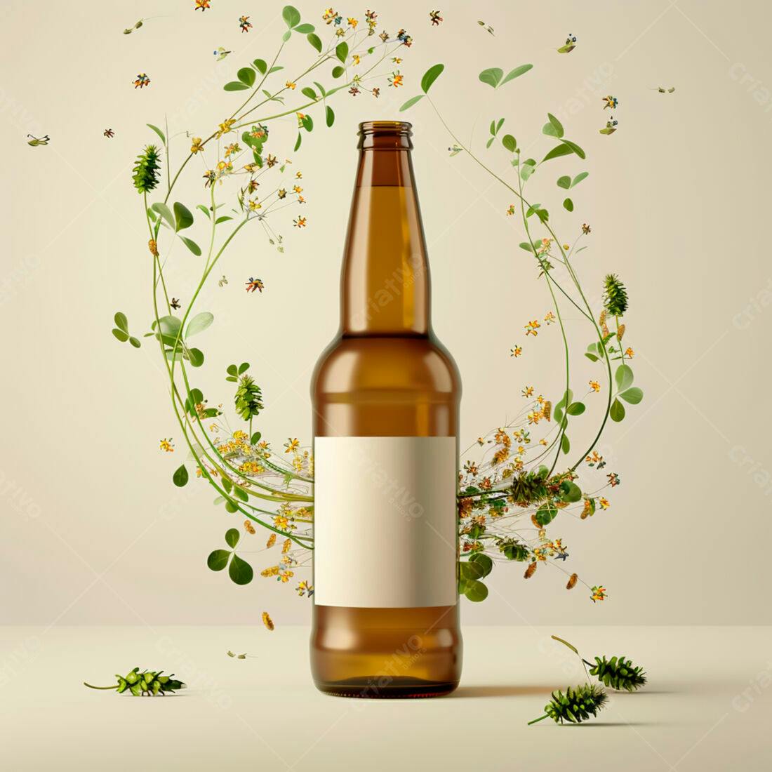 Garrafa de cerveja artesanal com flores e plantas