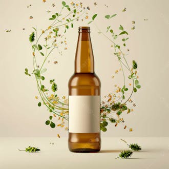 Uma garrafa de cerveja com rótulo branco e vinhas de lúpulo envolvem a garrafa suspensa 9