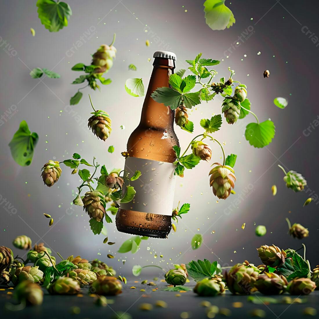 Garrafa de cerveja com lúpulo em queda