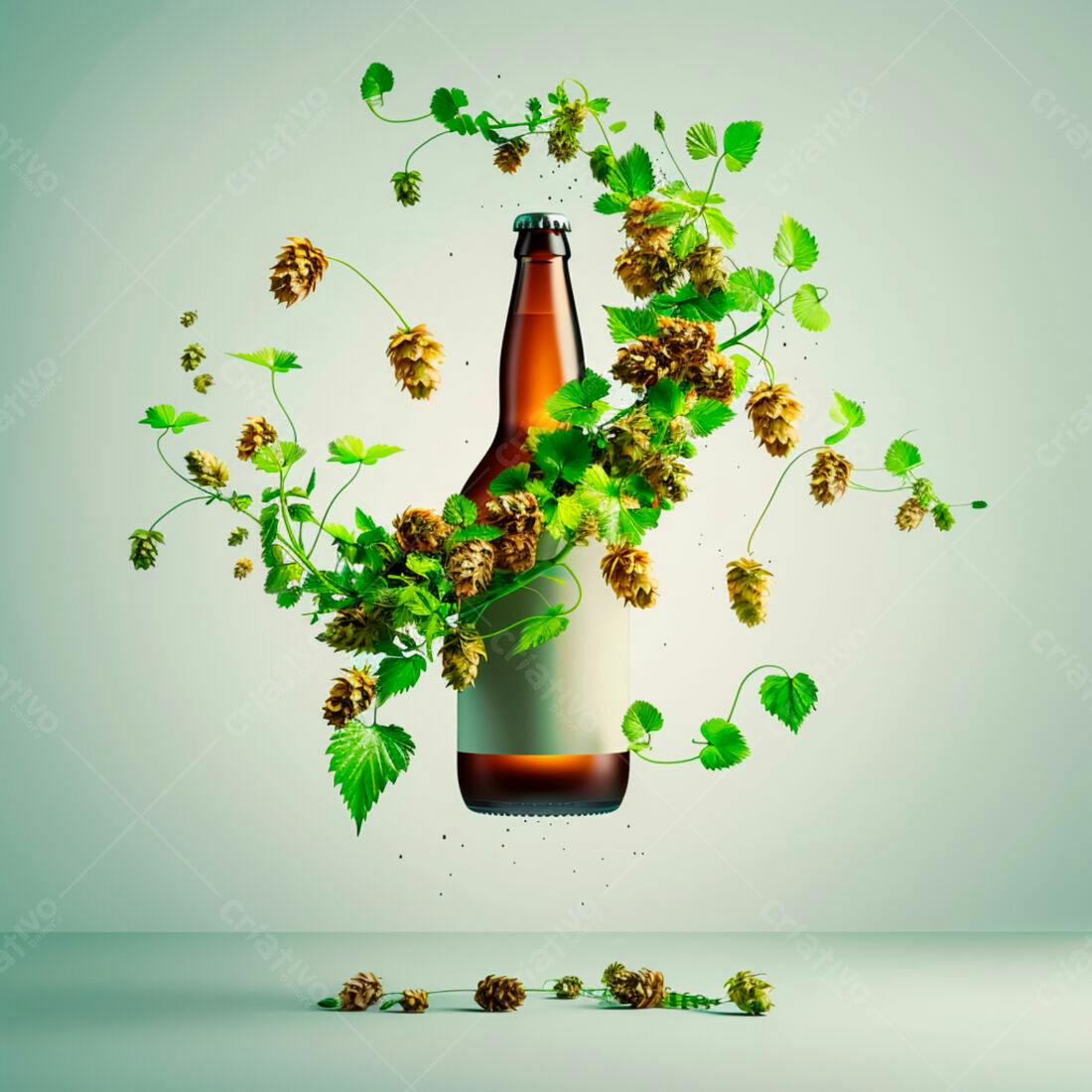 Garrafa de cerveja cercada por lúpulo