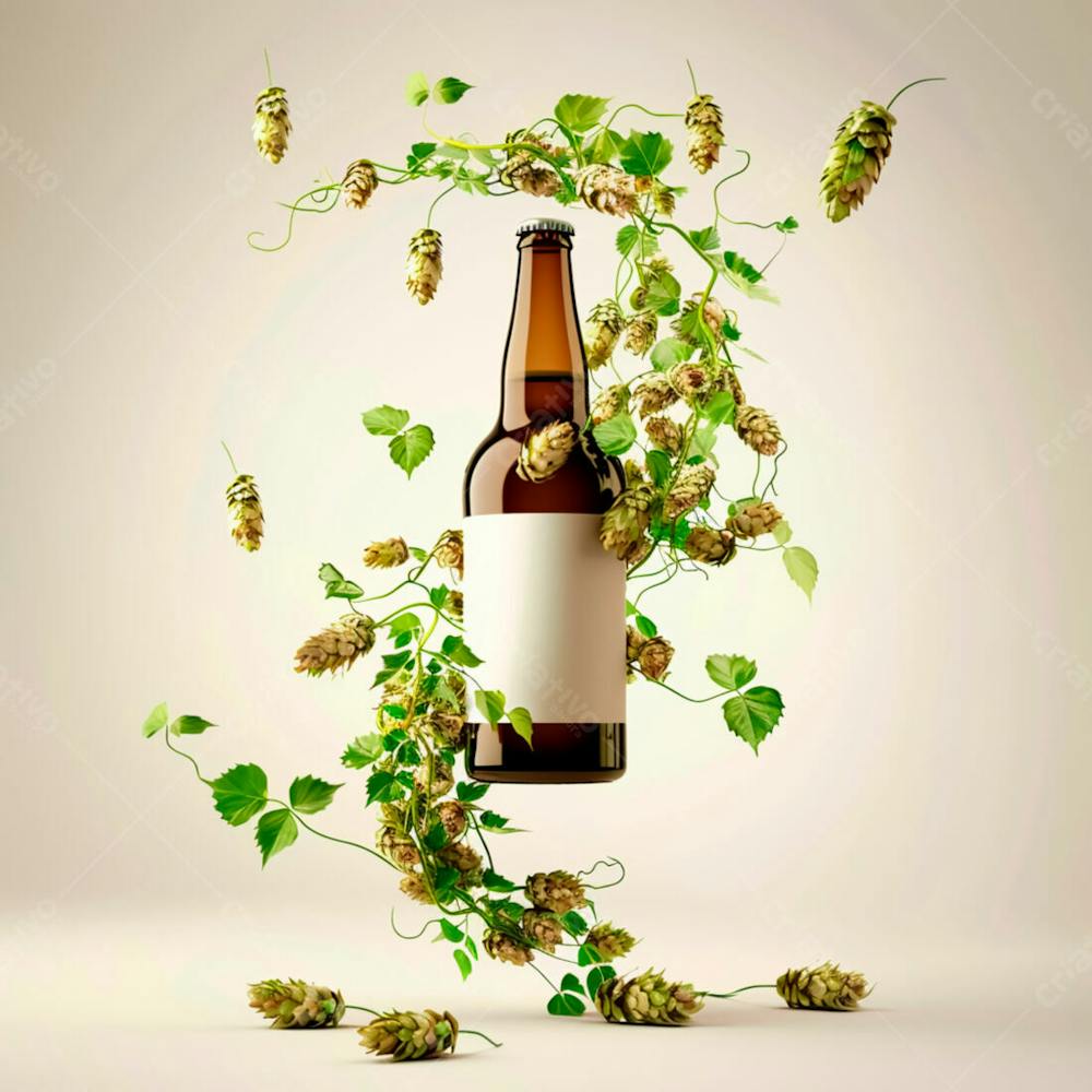 Uma Garrafa De Cerveja Com Rótulo Branco E Vinhas De Lúpulo Envolvem A Garrafa Suspensa 12