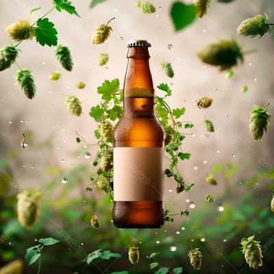 Uma Garrafa De Cerveja Com Rótulo Branco E Vinhas De Lúpulo Envolvem A Garrafa Suspensa 13