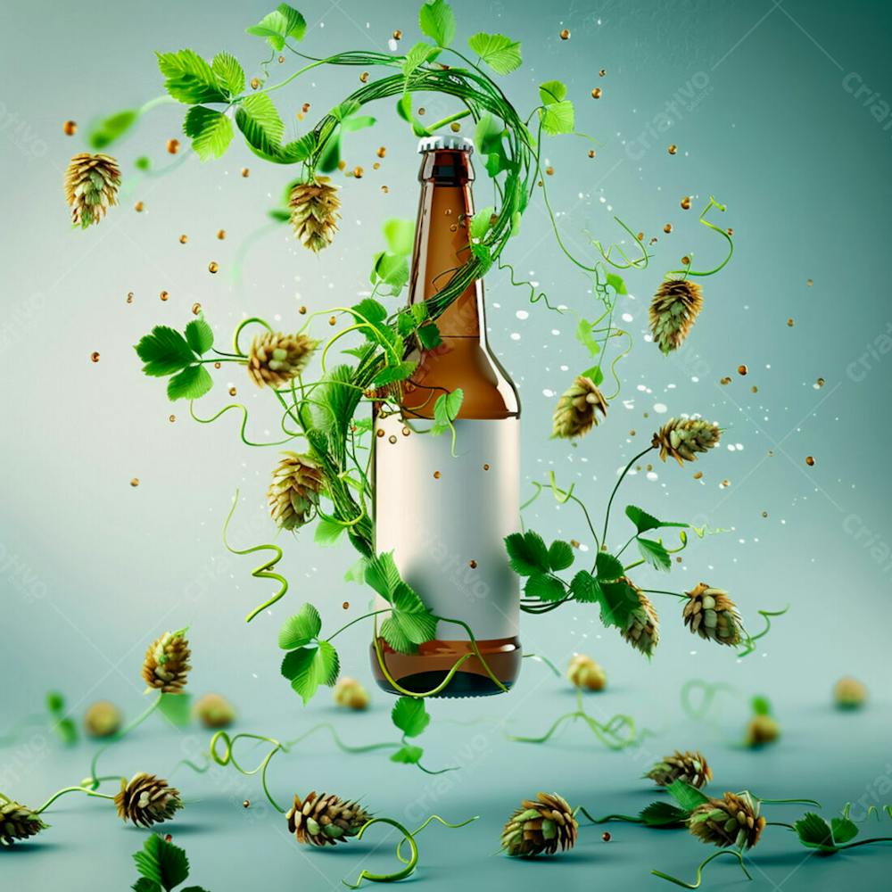 Uma Garrafa De Cerveja Com Rótulo Branco E Vinhas De Lúpulo Envolvem A Garrafa Suspensa 14