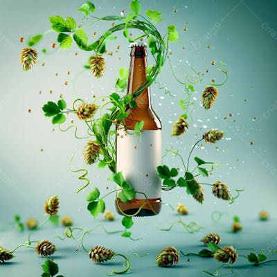 Uma Garrafa De Cerveja Com Rótulo Branco E Vinhas De Lúpulo Envolvem A Garrafa Suspensa 14