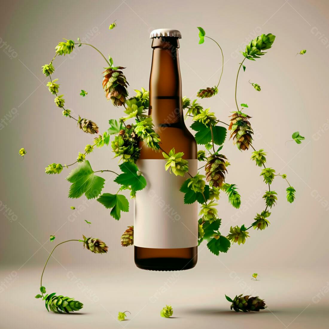 Garrafa de cerveja artesanal com lúpulo