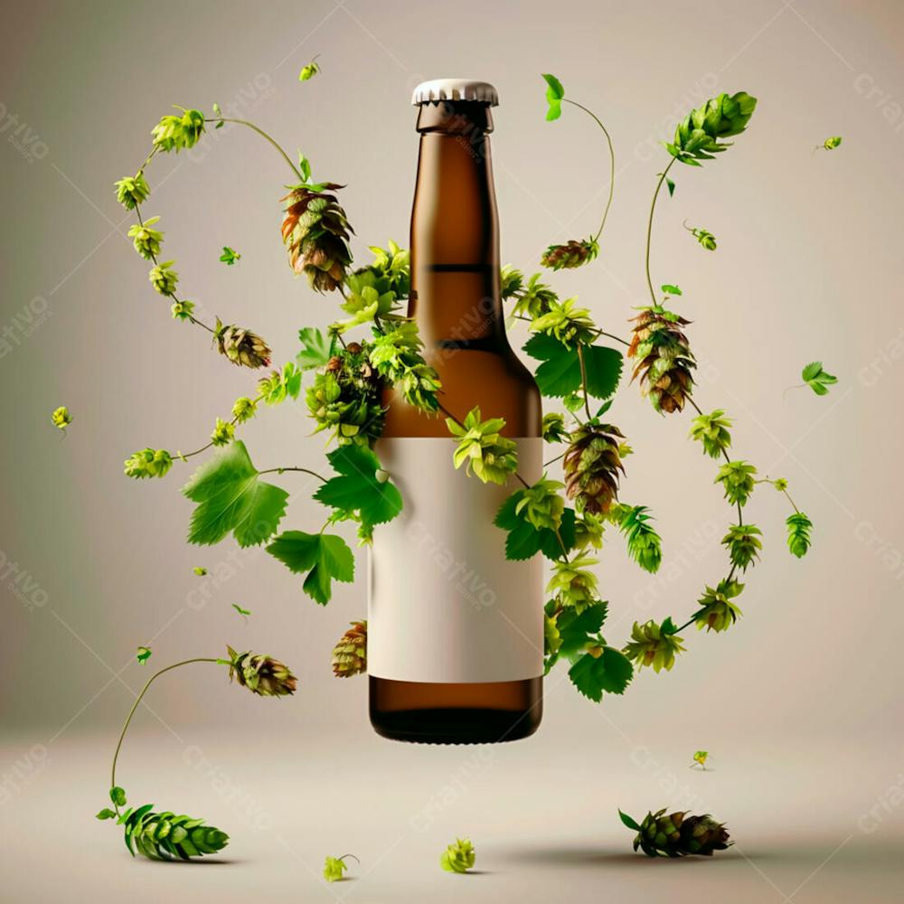 Uma Garrafa De Cerveja Com Rótulo Branco E Vinhas De Lúpulo Envolvem A Garrafa Suspensa 16