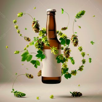 Uma garrafa de cerveja com rótulo branco e vinhas de lúpulo envolvem a garrafa suspensa 16