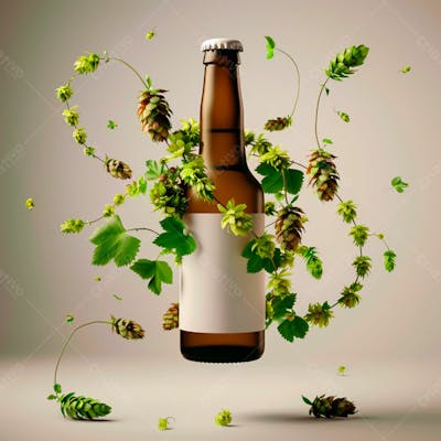 Uma Garrafa De Cerveja Com Rótulo Branco E Vinhas De Lúpulo Envolvem A Garrafa Suspensa 16