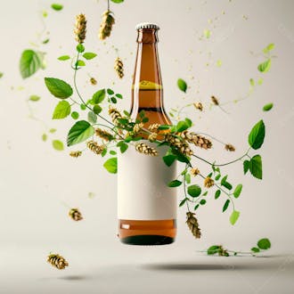 Uma garrafa de cerveja com rótulo branco e vinhas de lúpulo envolvem a garrafa suspensa 15