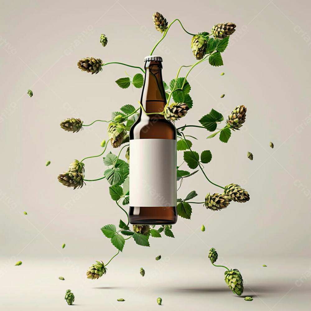 Uma Garrafa De Cerveja Com Rótulo Branco E Vinhas De Lúpulo Envolvem A Garrafa Suspensa 17