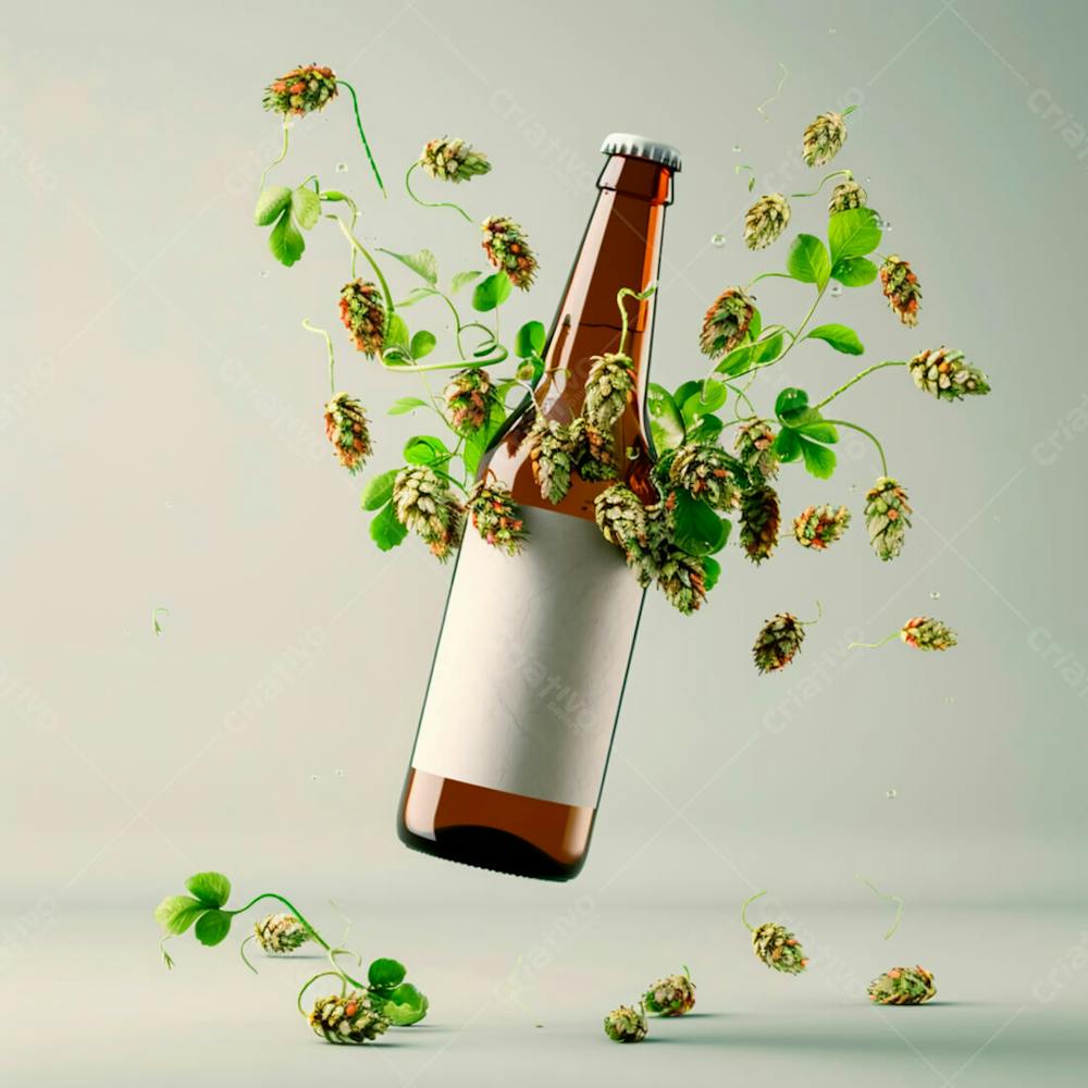 Uma Garrafa De Cerveja Com Rótulo Branco E Vinhas De Lúpulo Envolvem A Garrafa Suspensa 18
