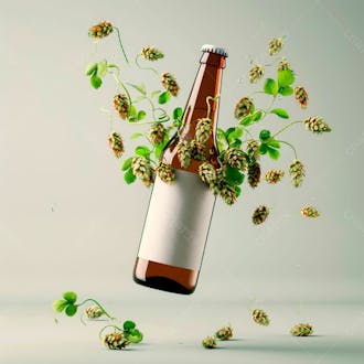 Uma garrafa de cerveja com rótulo branco e vinhas de lúpulo envolvem a garrafa suspensa 18