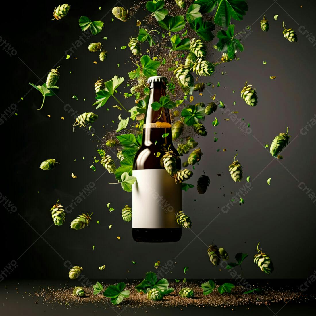 Garrafa de cerveja com lúpulo em queda
