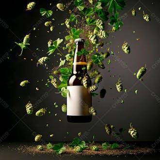 Uma garrafa de cerveja com rótulo branco e vinhas de lúpulo envolvem a garrafa suspensa 20