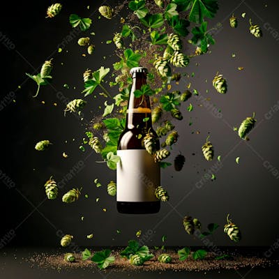 Uma Garrafa De Cerveja Com Rótulo Branco E Vinhas De Lúpulo Envolvem A Garrafa Suspensa 20