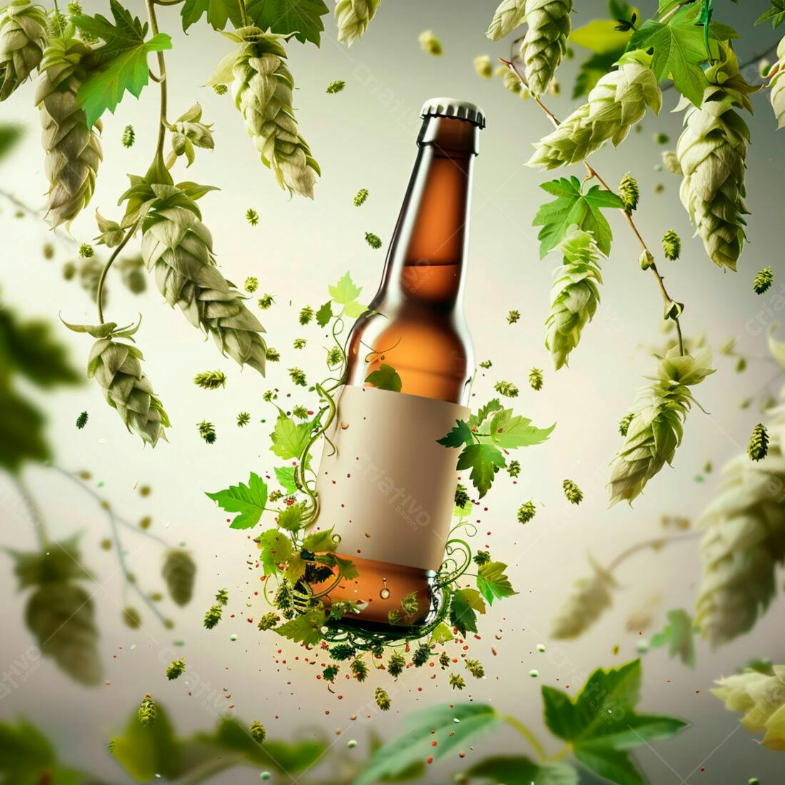Garrafa de cerveja cercada por lúpulo