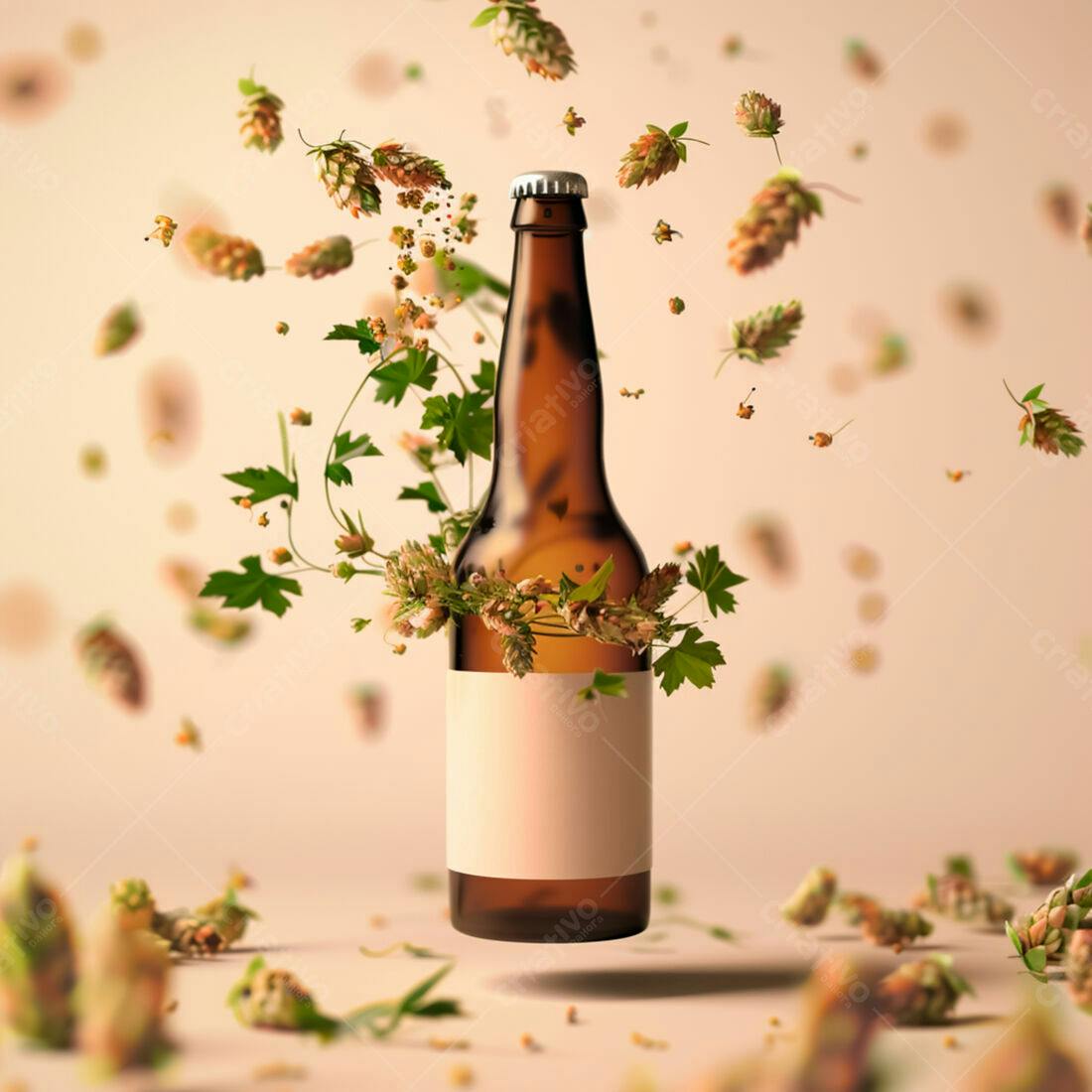 Garrafa de cerveja artesanal com lúpulo