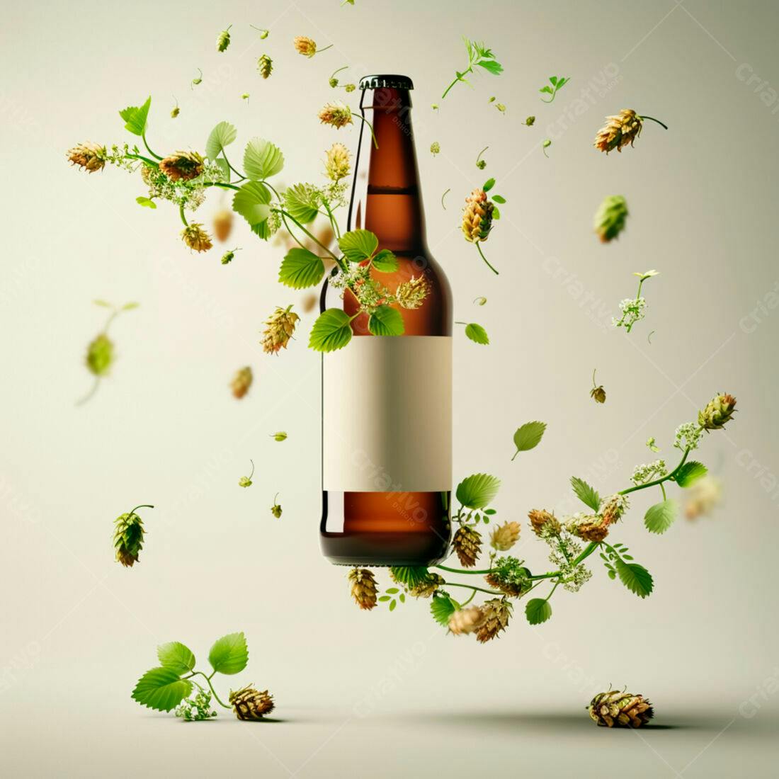 Garrafa de cerveja com lúpulo em queda