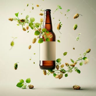 Uma garrafa de cerveja com rótulo branco e vinhas de lúpulo envolvem a garrafa suspensa 22