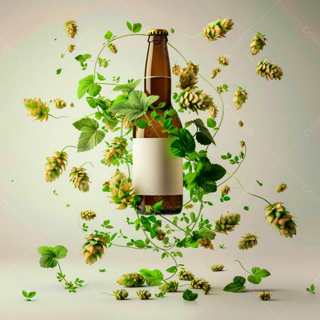 Garrafa de cerveja artesanal cercada por lúpulo