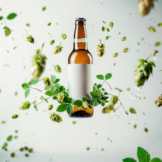 Uma garrafa de cerveja com rótulo branco e vinhas de lúpulo envolvem a garrafa suspensa 24